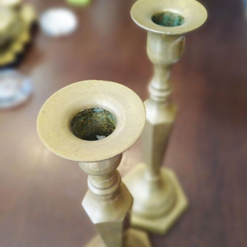 Brass Candlesticks Set like new with Geometric Design