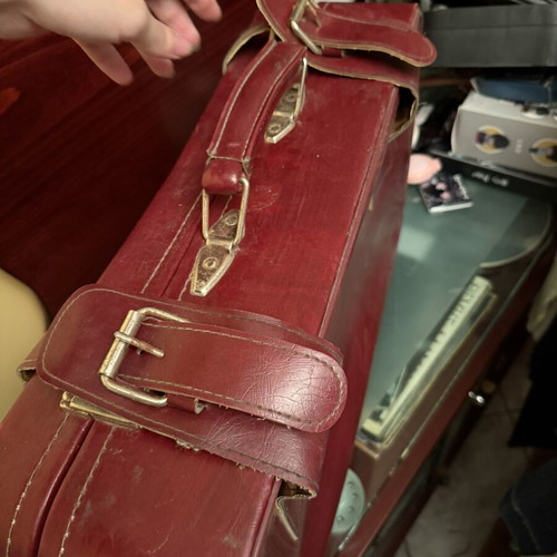 Vintage burgundy suitcase used, retro decorative collectible