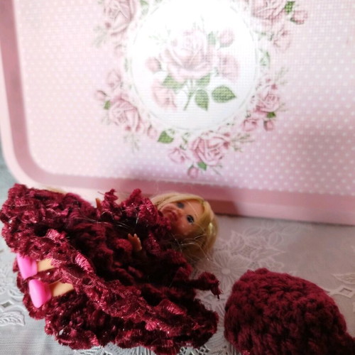 Miniature doll new with handmade dress and hat 10cm