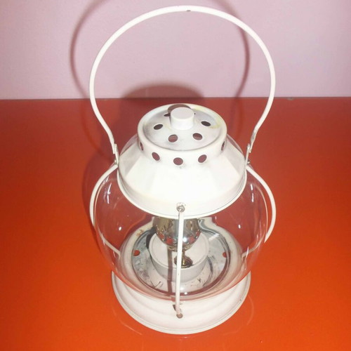 Metal lantern with round glass and wick like new, 13x24 cm