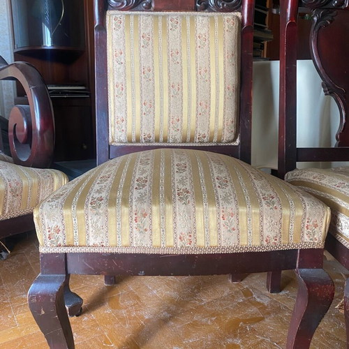 Vintage sofa with 2 chairs used, carved wood and casters