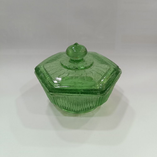 Vintage green pressed glass jewelry box with embossed lid and ridges
