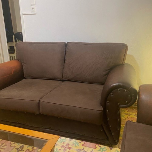 Leather antique sofa set used, 3 pieces with suede cushions