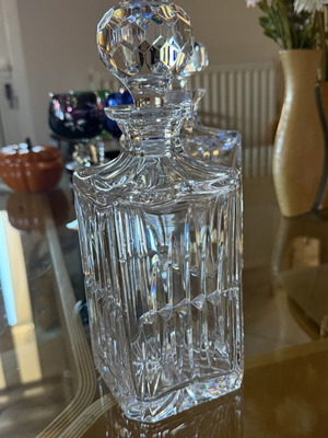 Vintage 24% Lead Crystal Square Whiskey Decanter with Faceted Ball Stopper new