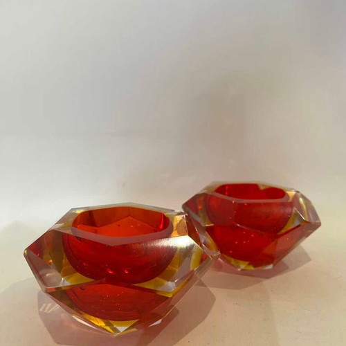 Murano crystal ashtray set 2 used, red orange shade 6x11x11