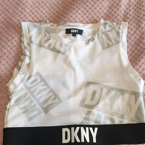 DKNY sleeveless top and skirt set like new, white with silver and black details