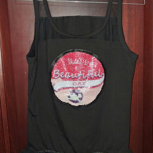Black Sleeveless Top by m&t Fashion with Tulle and Sequin Print, New