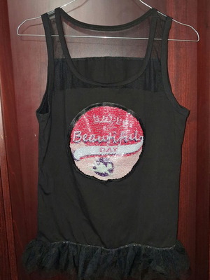 Black Sleeveless Top by m&t Fashion with Tulle and Sequin Print, New