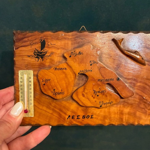 Wooden wall decoration used, Lesvos souvenir with thermometer