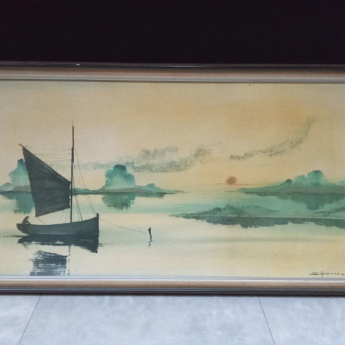 Vintage oil painting used on canvas Spencer 88x47 boat