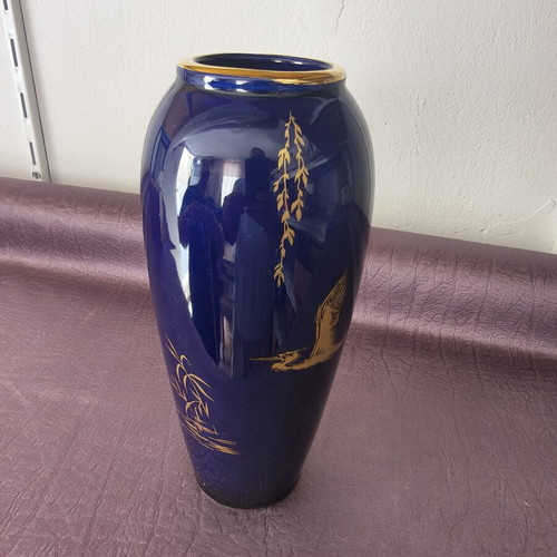 Ceramic vase cobalt blue with gold details