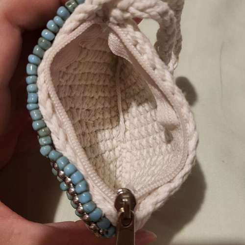 Handmade knitted wallet with shells new, white and turquoise