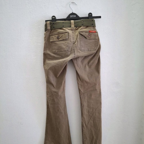 Vintage flare khaki pants with military belt, size XS, like new