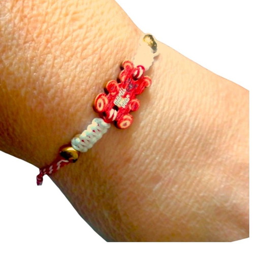 Handmade Martaki macrame bracelet with wooden bear and metal hearts, adjustable, new