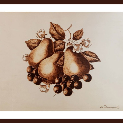 Still life pyrography painting new, signed work by Triantafyllos Xanthopoulos on poplar wood