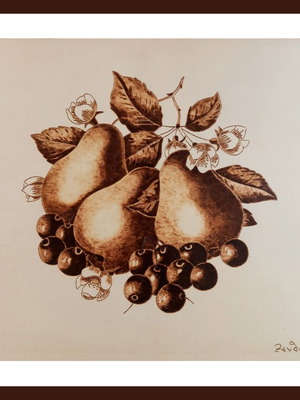 Still life pyrography painting new, signed work by Triantafyllos Xanthopoulos on poplar wood