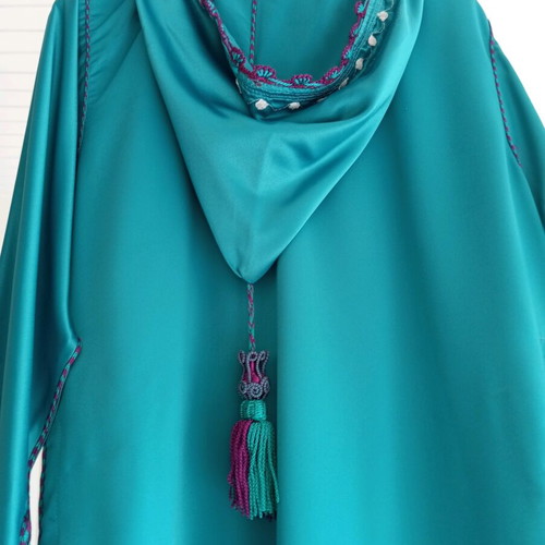 Caftan from Morocco satin silk petrol with purple embroidery and hood new XL