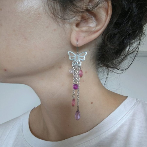 Earrings with butterfly and beads used, pink and silver
