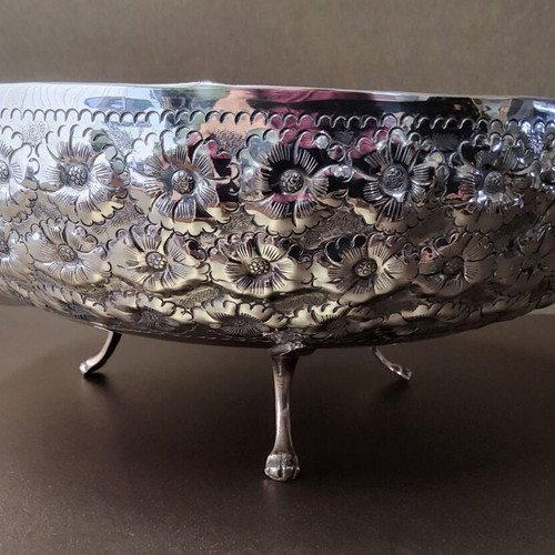 Vintage Silver 830 Fondue Bowl with Floral Repoussé Design used