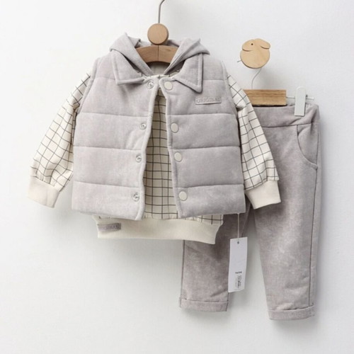Cotton boy's set new 3-piece with hoodie blouse, pants and quilted vest