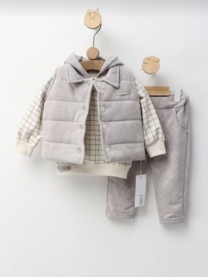 Cotton boy's set new 3-piece with hoodie blouse, pants and quilted vest