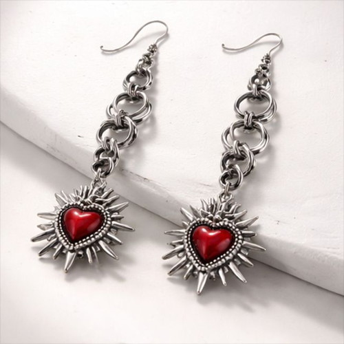 Steel earrings with Byzantine weave and red embossed hearts new