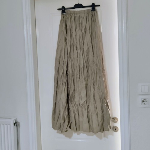 Maxi beige boho crinkled pleated skirt high waist A-line