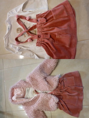 Evita set of 3 pieces size 3, skirt with suspenders, blouse and pink furry jacket like new