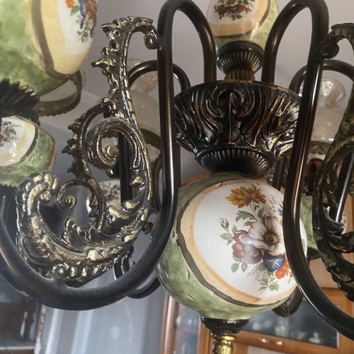 Vintage 6-Light Brass Chandelier with Handmade Porcelain, Like New