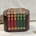 Vintage wooden set of 6 coasters shaped like books with bookshelf