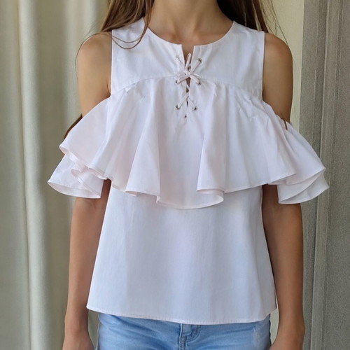 Zara Girls white blouse with open shoulders, used, age 11–12