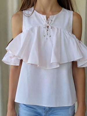 Zara Girls white blouse with open shoulders, used, age 11–12