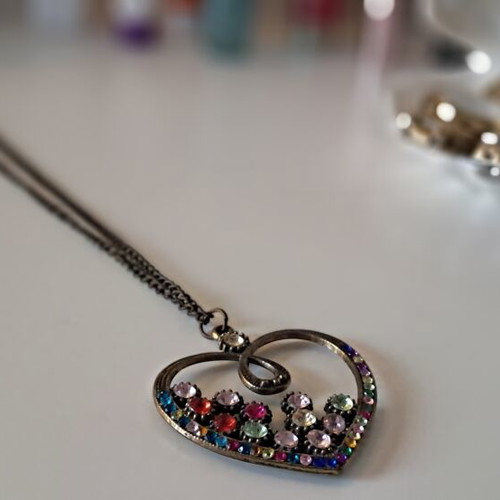 Vintage heart pendant necklace with colorful rhinestones used