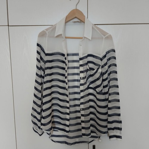 Bershka transparent striped cardigan used, white blue, medium large