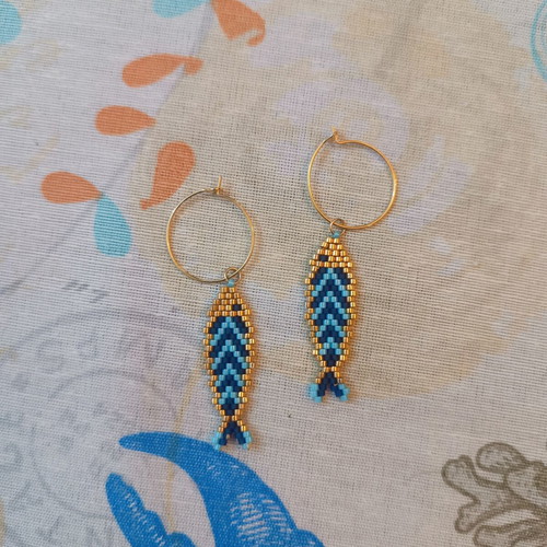 Fish earrings handmade with miyuki beads, like new, blue and gold