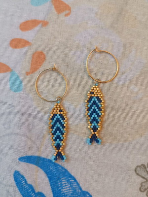 Fish earrings handmade with miyuki beads, like new, blue and gold