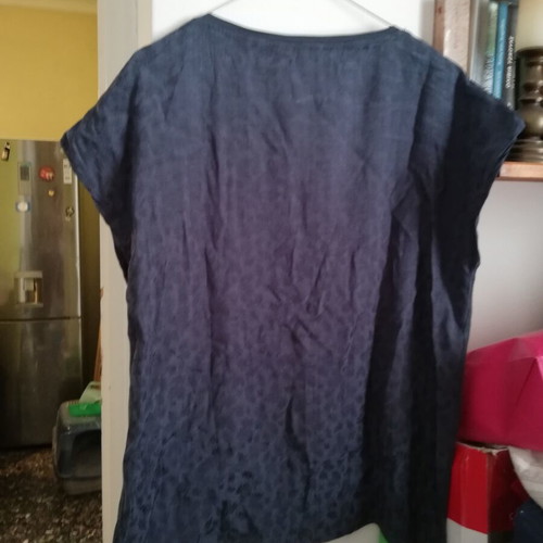 C&A navy blue top with different fabric sleeves and back, medium