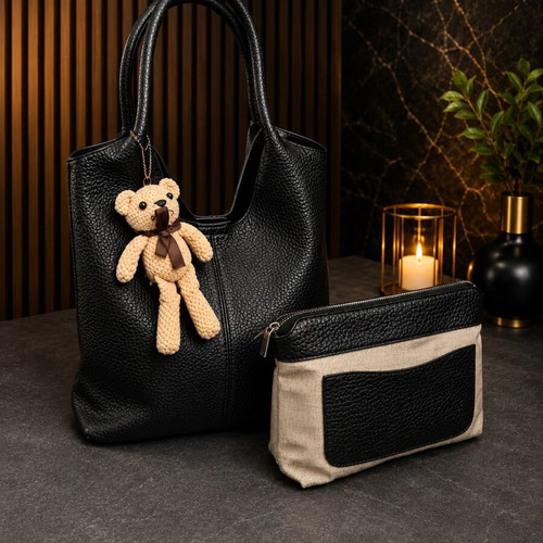 Women’s black tote bag set with matching pouch and teddy charm, new