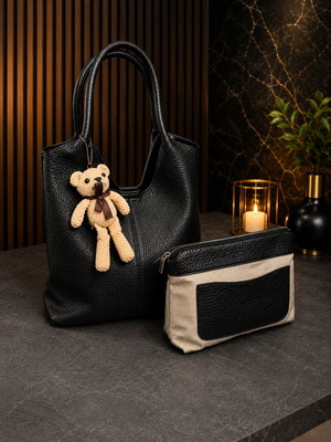 Women’s black tote bag set with matching pouch and teddy charm, new