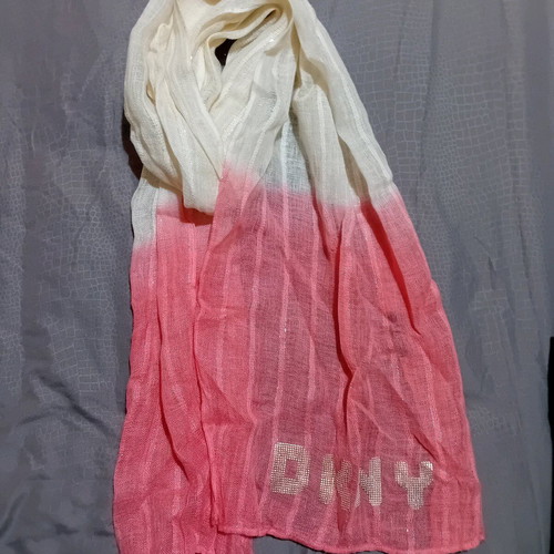 DKNY pashmina scarf new in pink with white and gold thread