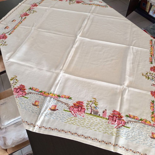 Handmade embroidered tablecloth white with multicolored flowers like new