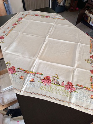 Handmade embroidered tablecloth white with multicolored flowers like new