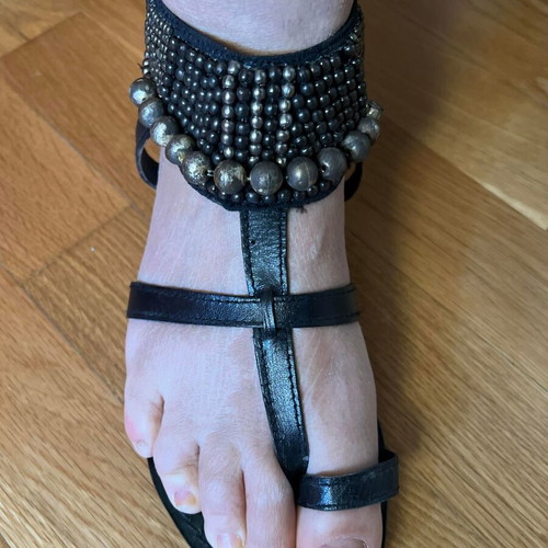 Leather vintage black sandals new, decorated with metal pearls