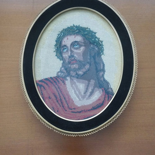 Handmade Gobelin Needlepoint Jesus in Oval Frame with Velvet mint