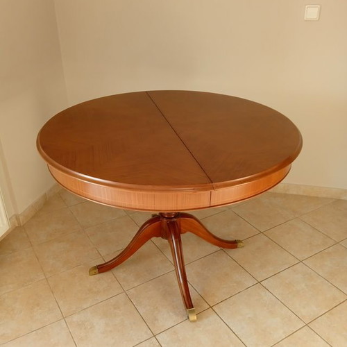 Marquetry round dining table 1950s, refurbished, extension, 110cm diameter