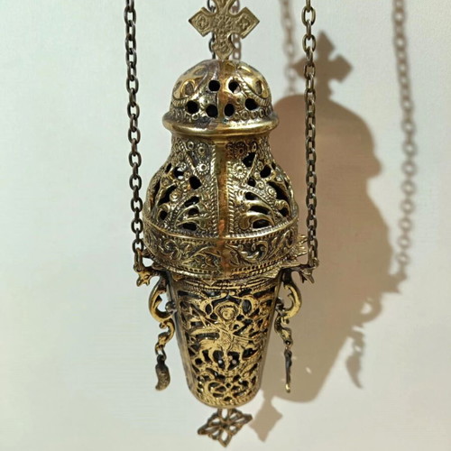 Bronze hanging lamp used with depiction of Saint George