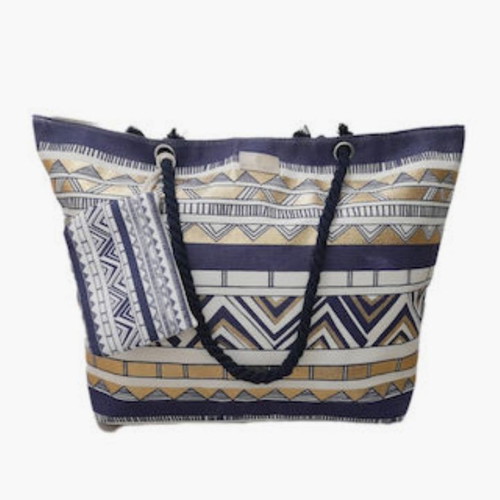 Τσάντα θαλάσσης Bag to Bag καινούργια με μικρό τσαντάκι, μπλε και χρυσαφί
