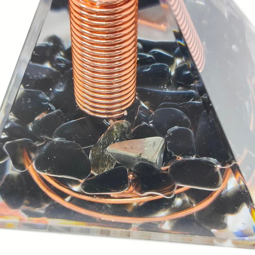 Orgonite pyramid with black obsidian and copper like new
