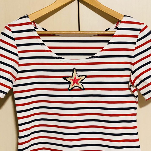 M&S striped lycra blouse new, white with blue and red stripes
