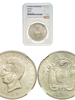 Ecuador 5 Sucres 1943MO silver coin AU55 NGC